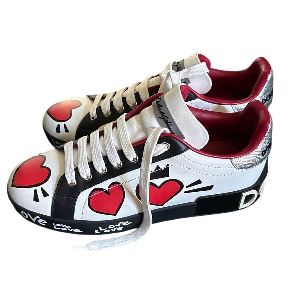 Dolce & Gabbana Portofino Love Heart Graffiti Print Leather Sneaker EU 39 - Picture 5 of 8